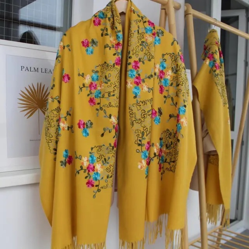 Cashmere Floral Pashmina Yellow Multicolored Large Shawl Scarf